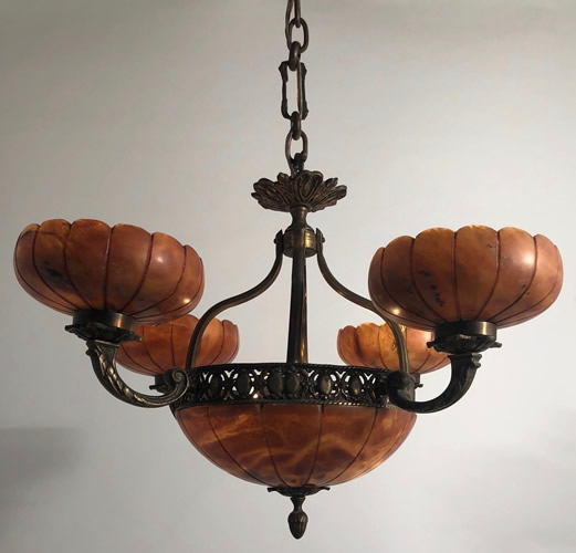 6 light Bronze and Amber Alabaster Chandelier